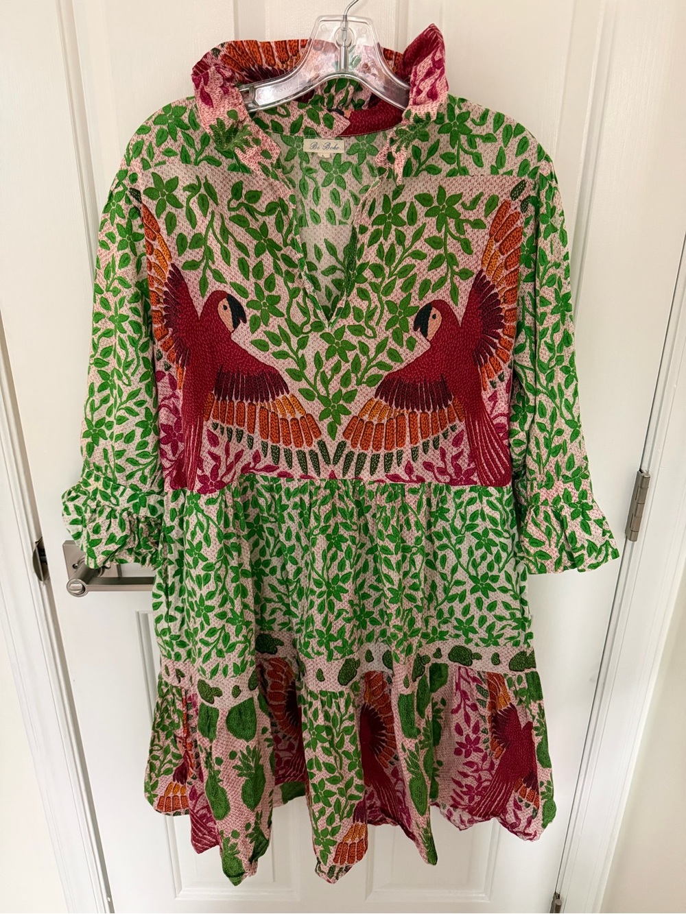 Be Boho Tropical Parrot Print Ruffle Collar Tiered Dress